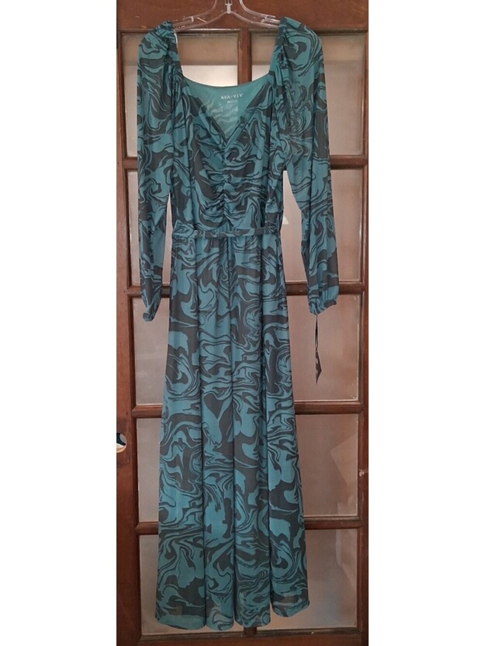 Ava & Viv Swirl Maxi Dress Womens 1X Blue Mesh Ruched Long Balloon Sleeve